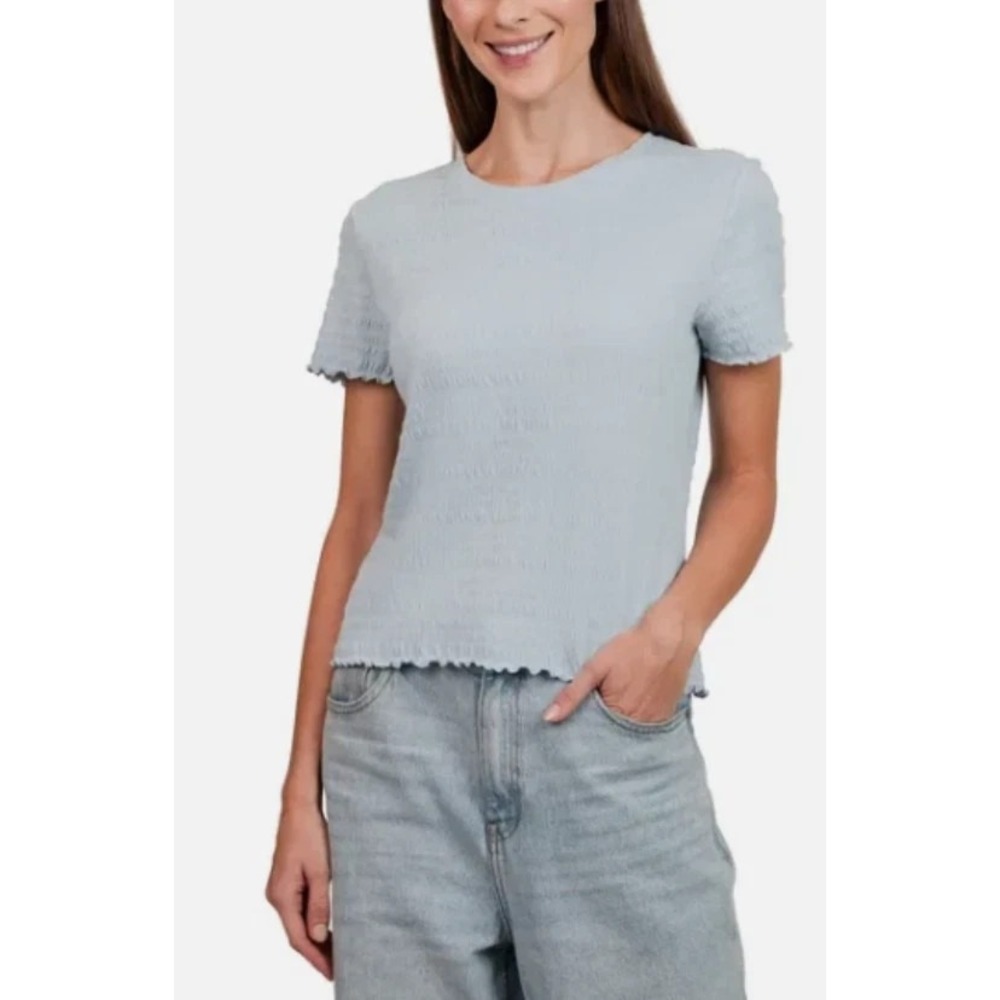 Kersh Womens Crew Neck Short Sleeve Textured Smocked Tee Light Blue Medium NEW